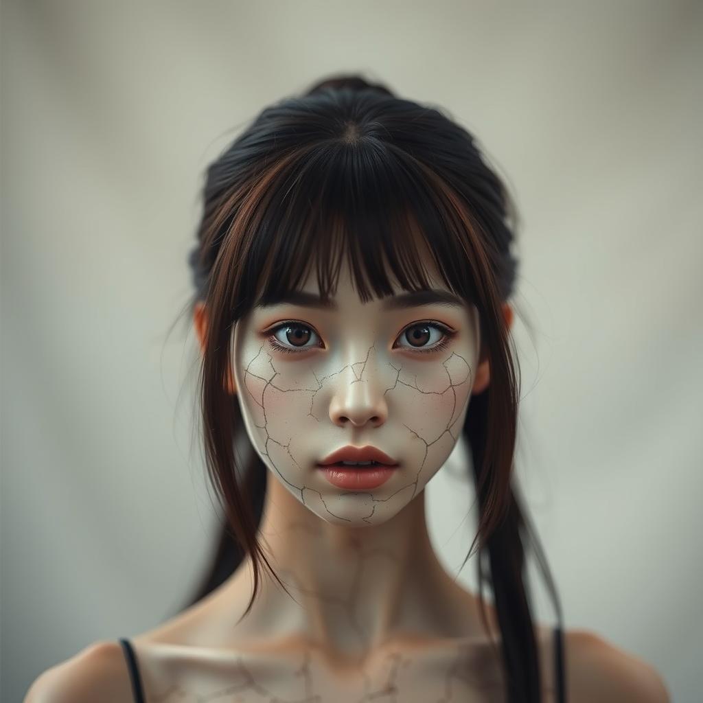A 24-year-old woman with half Asian descent, featuring brown hair neatly tied back with no strands falling in front of her face