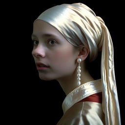 Hyper-detailed and realistic 8k photograph of a radiant woman with a pearl earring, where her skin pores are visible, emulating the essence of The Girl with a Pearl Earring