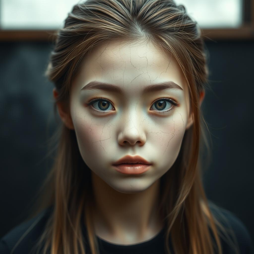 A 24-year-old woman with half Asian and Caucasian features, presented with light brown hair styled back slickly