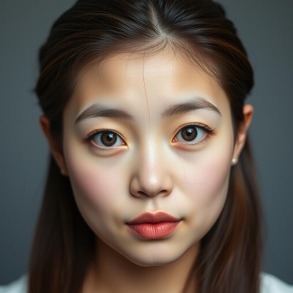 A 24-year-old woman of mixed heritage, appearing half Asian and slightly Caucasian, has light brown hair slicked back tightly