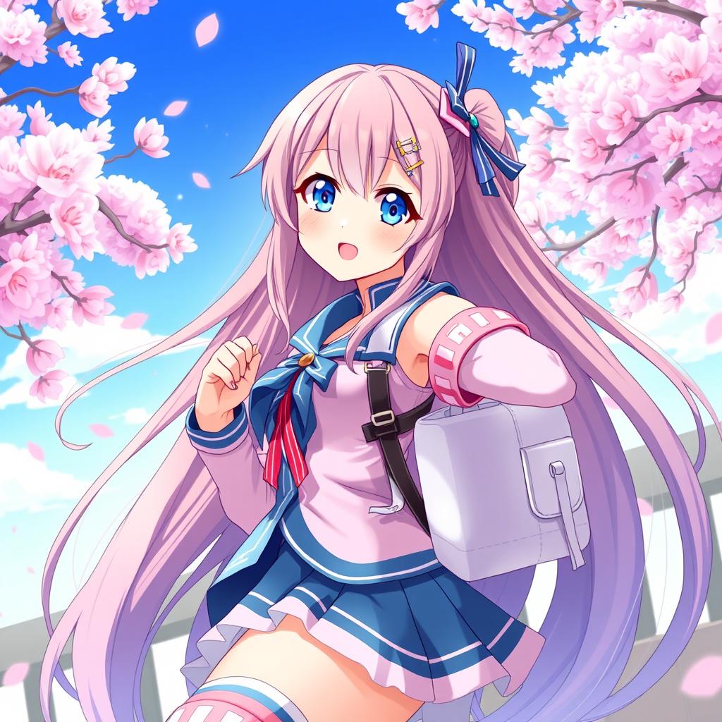 A beautiful anime girl with long flowing hair, bright expressive eyes, and a cheerful smile