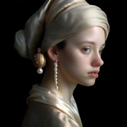 Hyper-detailed and realistic 8k photograph of a radiant woman with a pearl earring, where her skin pores are visible, emulating the essence of The Girl with a Pearl Earring