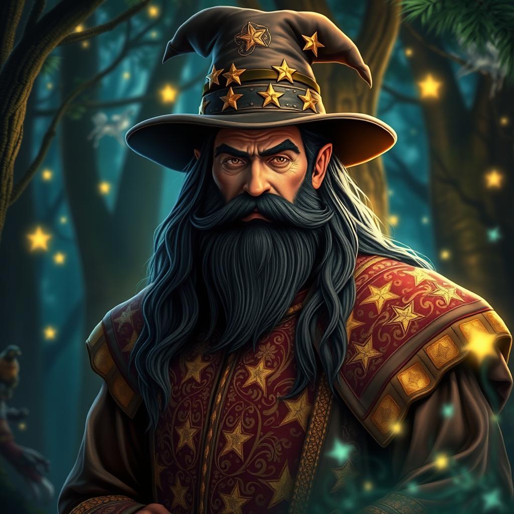 A powerful wizard with a black scraggly beard and long hair, wearing a stylish fedora adorned with a band of stars