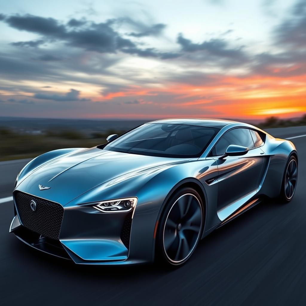A stunningly beautiful and elegant car named 'Velosium', featuring a sleek aerodynamic design, luxurious curves, and a glossy metallic finish