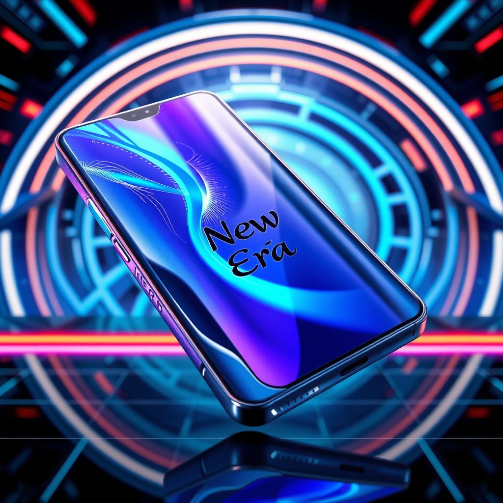 A futuristic smartphone design featuring sleek lines and a vibrant, holographic display