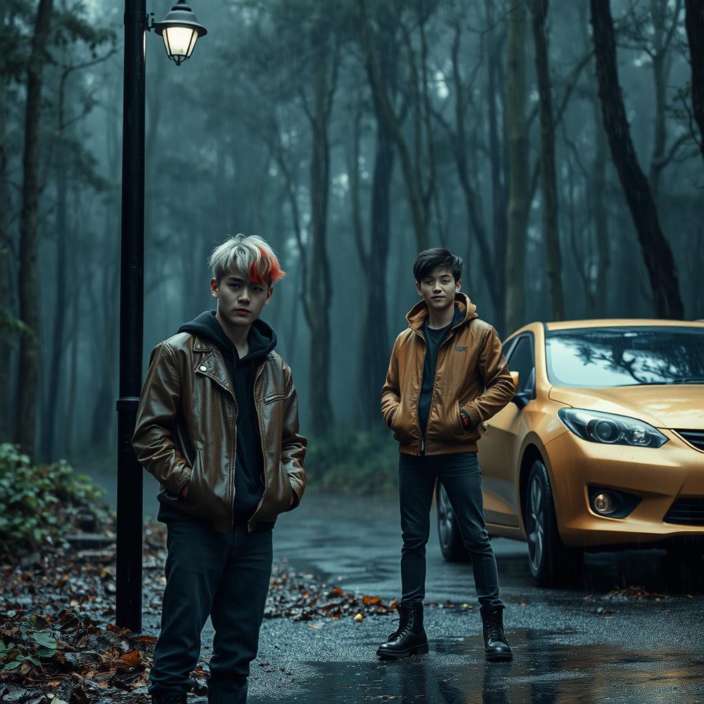 A spooky forest drenched in rain, featuring a skinny black street pole providing eerie lighting