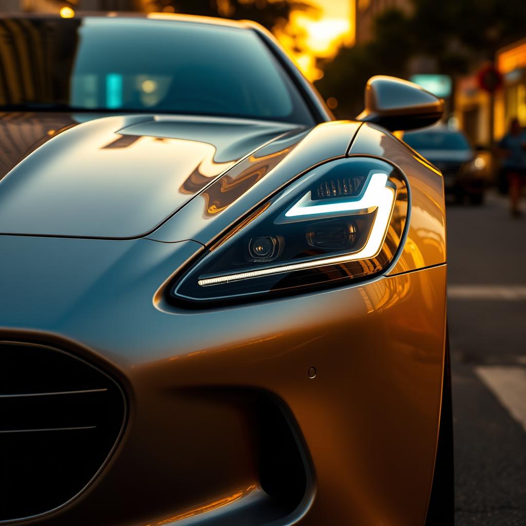A beautiful and elegant car with distinctive headlights, featuring a sleek and modern design, smooth curves, and a shiny exterior