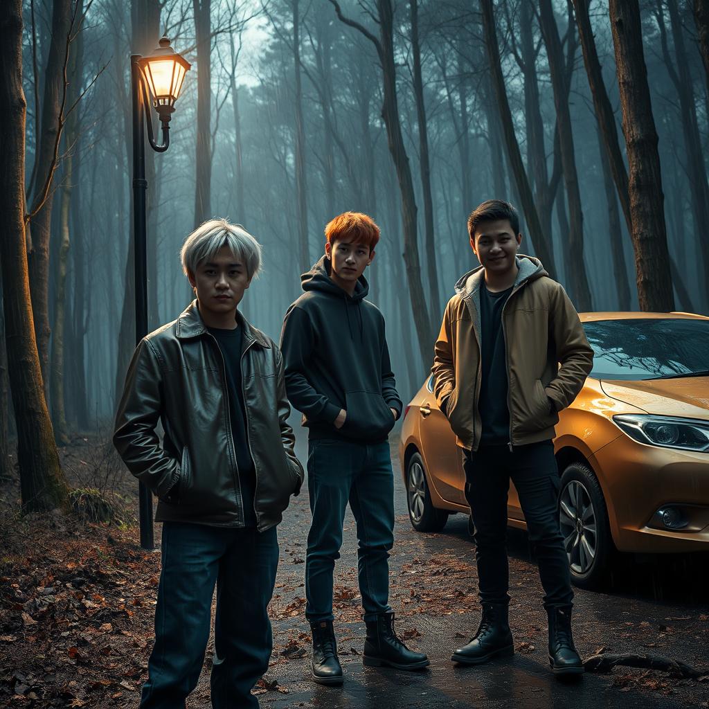 A creepy forest shrouded in rain, featuring a skinny black street pole emitting a dim light and a shiny gold car parked nearby