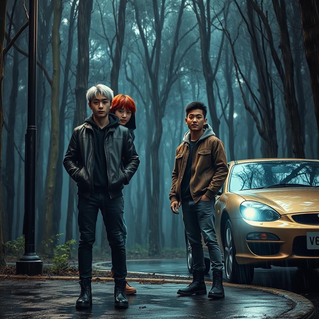 A creepy forest drenched in rain, featuring a skinny black street pole with a flickering light illuminating the scene