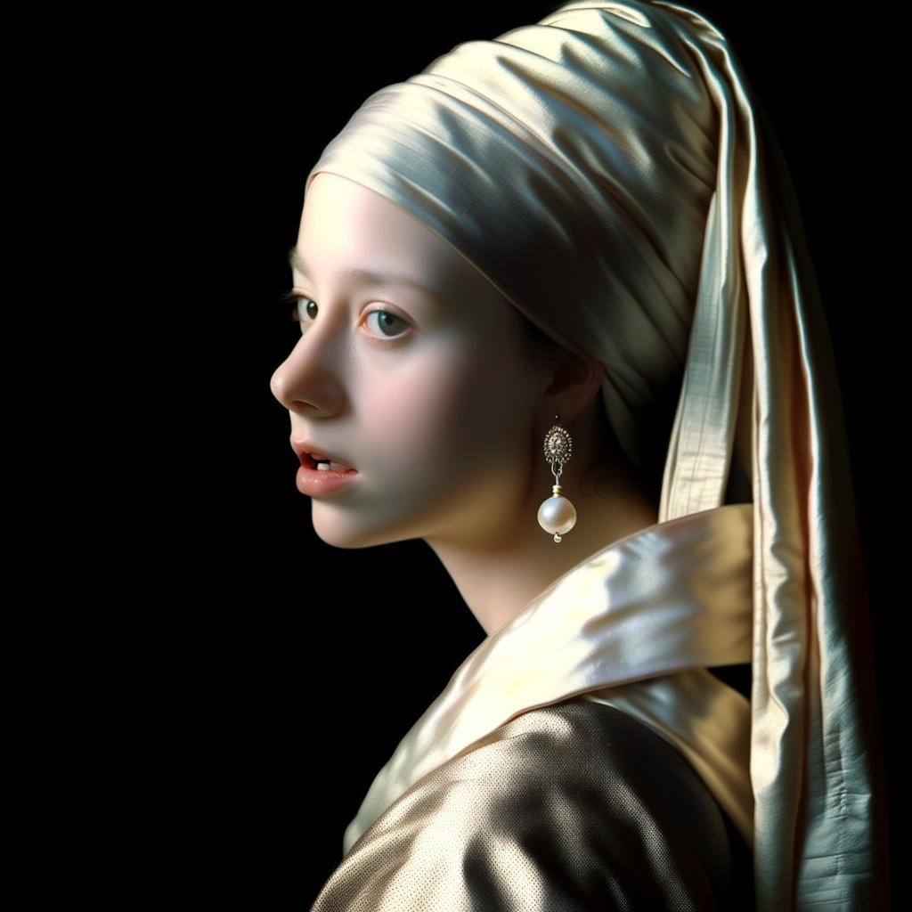 Hyper-detailed and realistic 8k photograph of a radiant woman with a pearl earring, where her skin pores are visible, emulating the essence of The Girl with a Pearl Earring