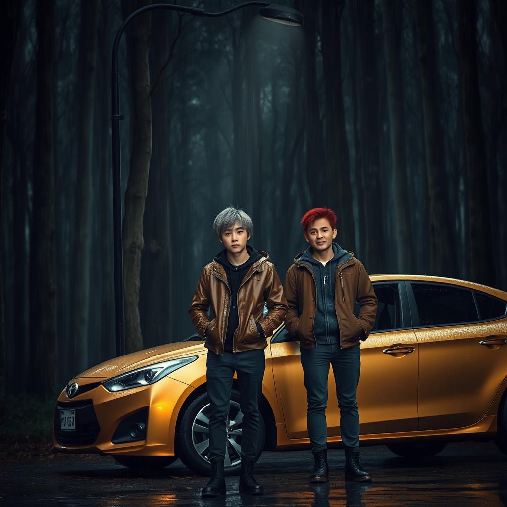 A creepy forest drenched in rain, where a skinny black street pole with a flickering light stands amidst the trees