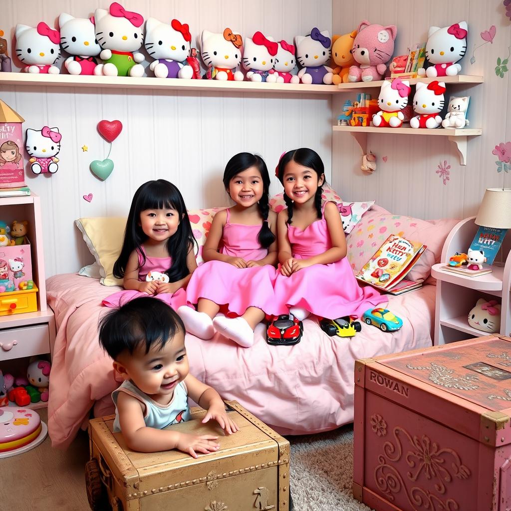 A cozy, pastel-themed bedroom filled with colorful beddings, cheerful toys, and a variety of Hello Kitty and friends plushies displayed on a shelf