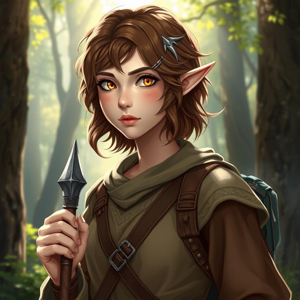 A young female cleric of wood elf race, 16 years old, with golden-tinged eyes and shoulder-length brown wavy hair adorned with a silver accessory