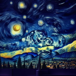 Hyper-detailed and realistic 8k photograph encapsulating the atmospheric essence and vibrant palette of the Starry Night painting