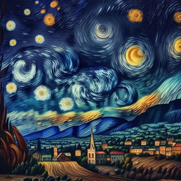 Hyper-detailed and realistic 8k photograph encapsulating the atmospheric essence and vibrant palette of the Starry Night painting