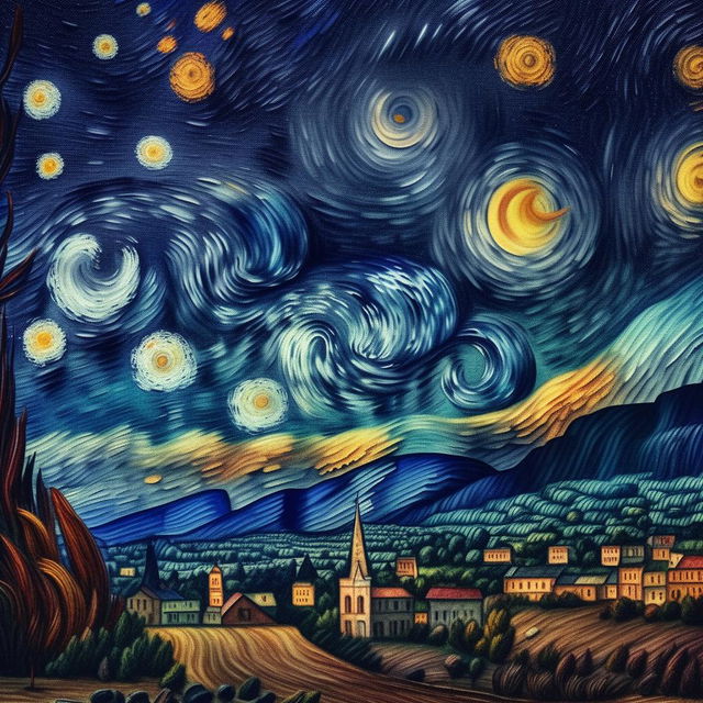 Hyper-detailed and realistic 8k photograph encapsulating the atmospheric essence and vibrant palette of the Starry Night painting