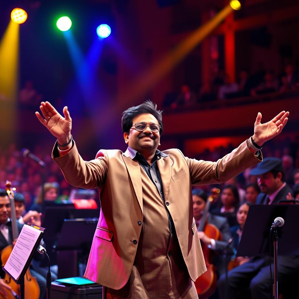A vibrant and energetic scene featuring the renowned Indian composer A