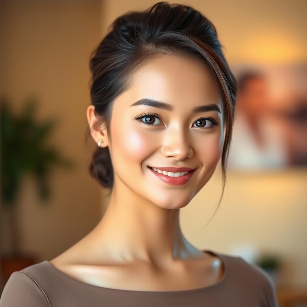 A portrait of an attractive young woman with smooth, flawless skin, an elegant hairstyle, and a confident smile