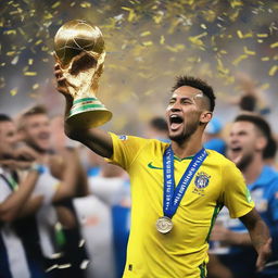 Neymar holding the World Cup trophy high, tears of joy streaking down his face, with ecstatic teammates, cheering crowd, confetti falling, and a massive stadium in the backdrop.