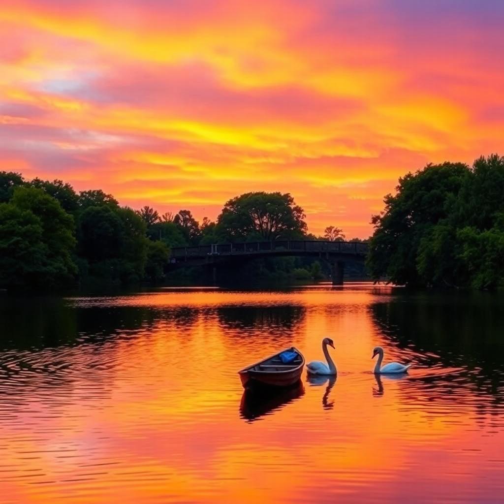 Imagine a serene landscape at sunset, with vibrant hues of orange, pink, and purple in the sky