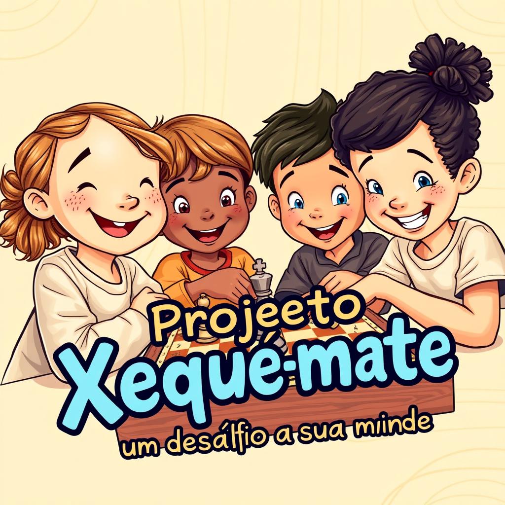 A captivating book cover design featuring a vibrant, colorful illustration of four smiling children, ages 6 to 10, from diverse ethnic backgrounds, gathered around a beautifully detailed wooden chessboard, their faces lit up with excitement and concentration