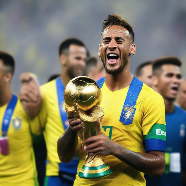 Neymar holding the World Cup trophy high, tears of joy streaking down his face, with ecstatic teammates, cheering crowd, confetti falling, and a massive stadium in the backdrop.