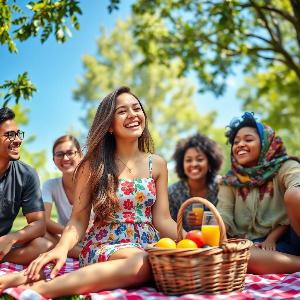 A vibrant outdoor picnic scene featuring a group of friends laughing and enjoying a sunny day