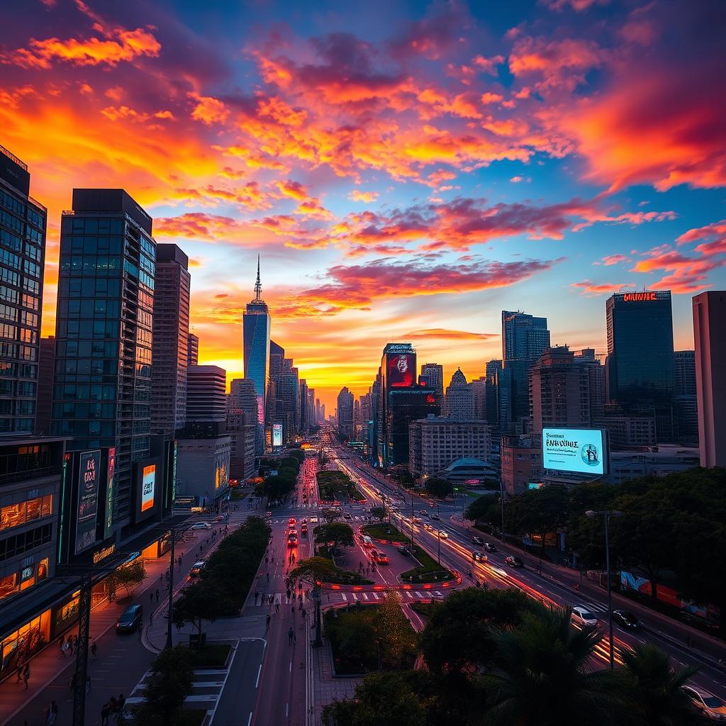 Please enhance a vibrant and dynamic city landscape at sunset, with glowing streetlights and bustling pedestrian activity