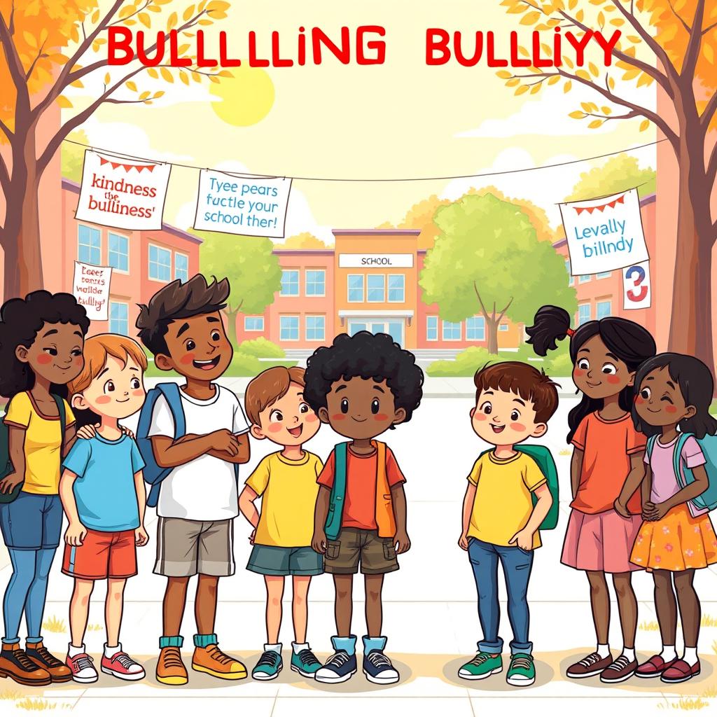An engaging illustration depicting a diverse group of children standing together in unity against bullying