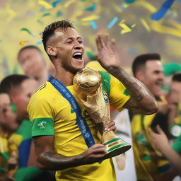 Neymar holding the World Cup trophy high, tears of joy streaking down his face, with ecstatic teammates, cheering crowd, confetti falling, and a massive stadium in the backdrop.