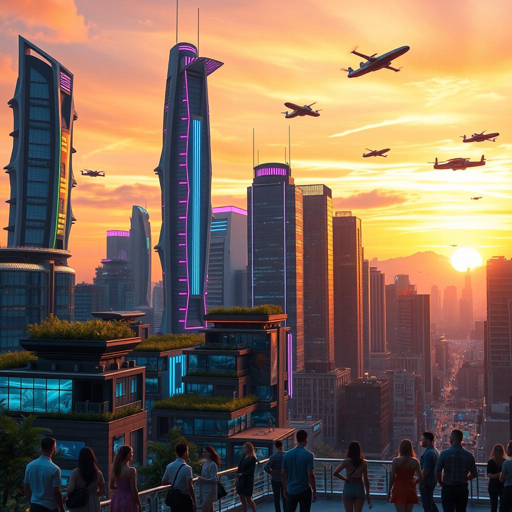 An artistic and captivating image of a futuristic cityscape at sunset, showcasing towering skyscrapers with unique architectural designs, vibrant neon lights pulsating in various colors, and flying vehicles gliding through the sky