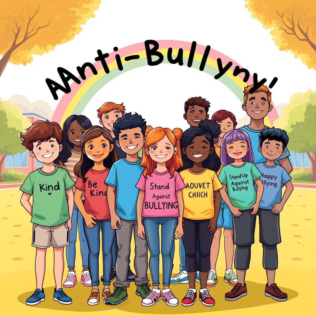 A powerful illustration promoting anti-bullying, featuring a diverse group of students of various ethnicities standing together, united and smiling confidently