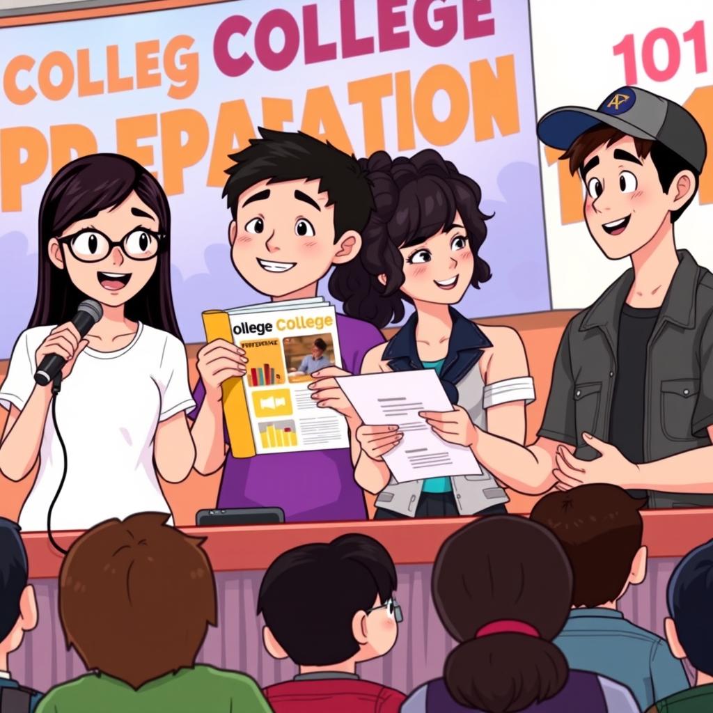 An animated image depicting a panel of Filipino students engaged in a lively discussion during a press conference aimed at other students on college preparation