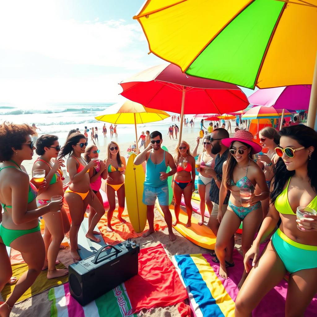A scene at a lively beach party, vibrant and colorful atmosphere, featuring a diverse group of young adults having fun under the sun