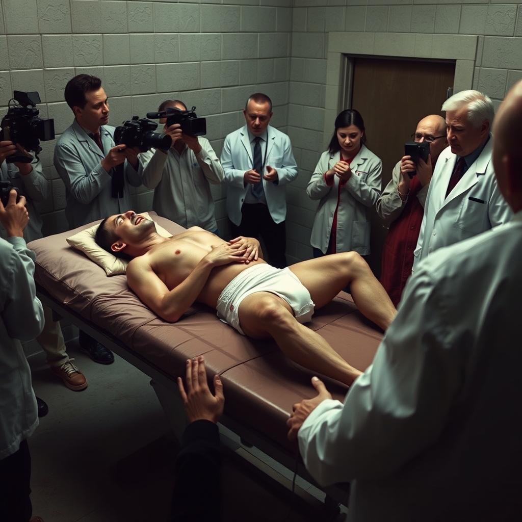 A dramatic scene depicting a death row execution by lethal injection, featuring an adult man restrained on a gurney and dressed only in adult diapers, as he experiences intense agony