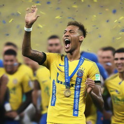 Neymar holding the World Cup trophy high, tears of joy streaking down his face, with ecstatic teammates, cheering crowd, confetti falling, and a massive stadium in the backdrop.