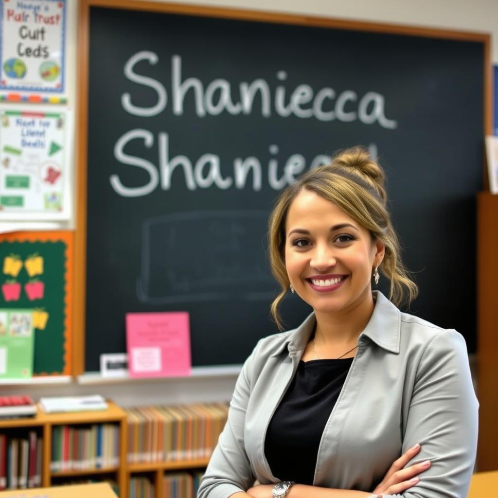 A female teacher named Shanieca, standing confidently in front of a blackboard with her name beautifully written on it