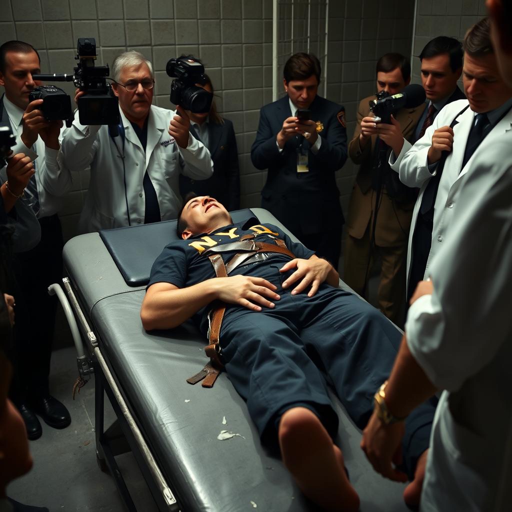 A harrowing scene depicting an execution by lethal injection, where an adult man, dressed in a NYPD police officer uniform, is strapped to the gurney of death with leather straps