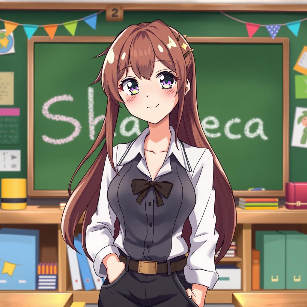 An anime-style illustration of a female teacher named Shanieca, standing in front of a blackboard where her name is written in vibrant chalk