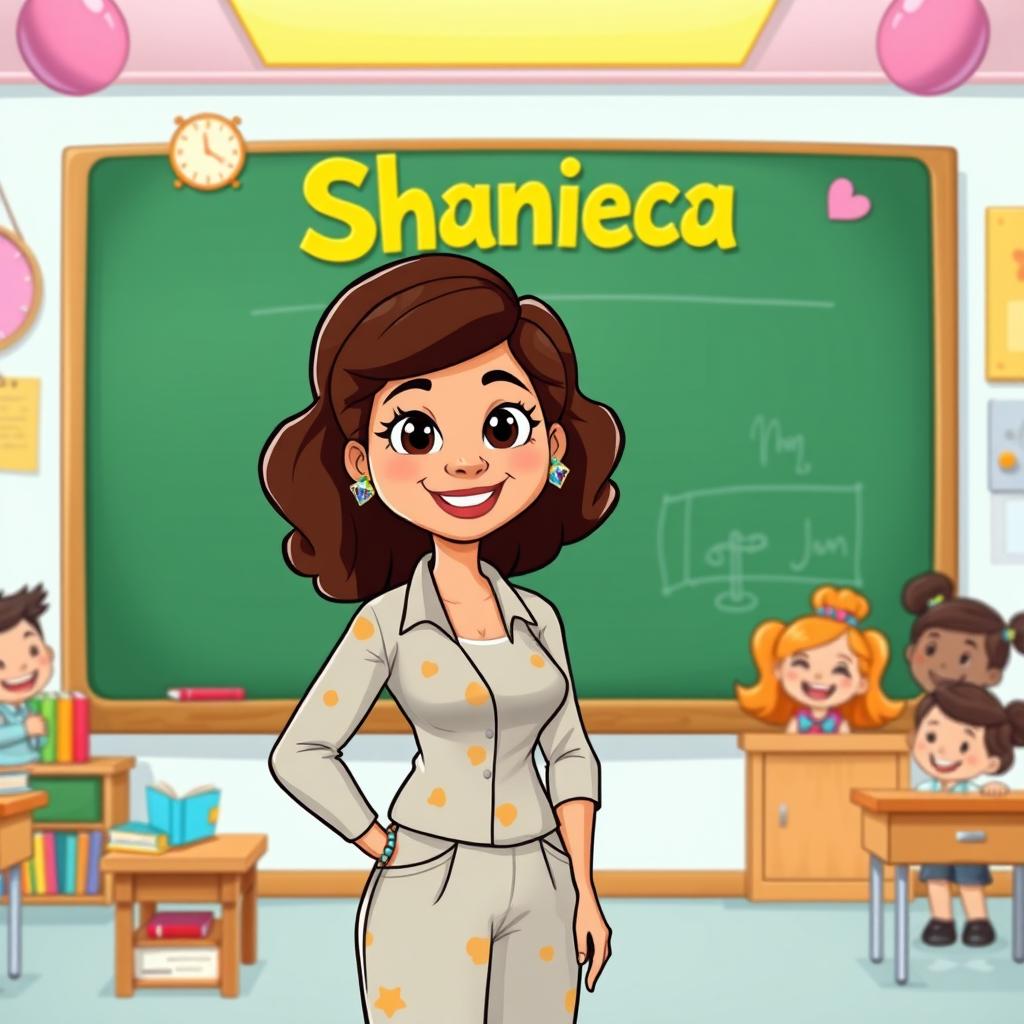 A colorful cartoon-style illustration of a female teacher named Shanieca, standing in front of a blackboard with her name clearly written in playful letters