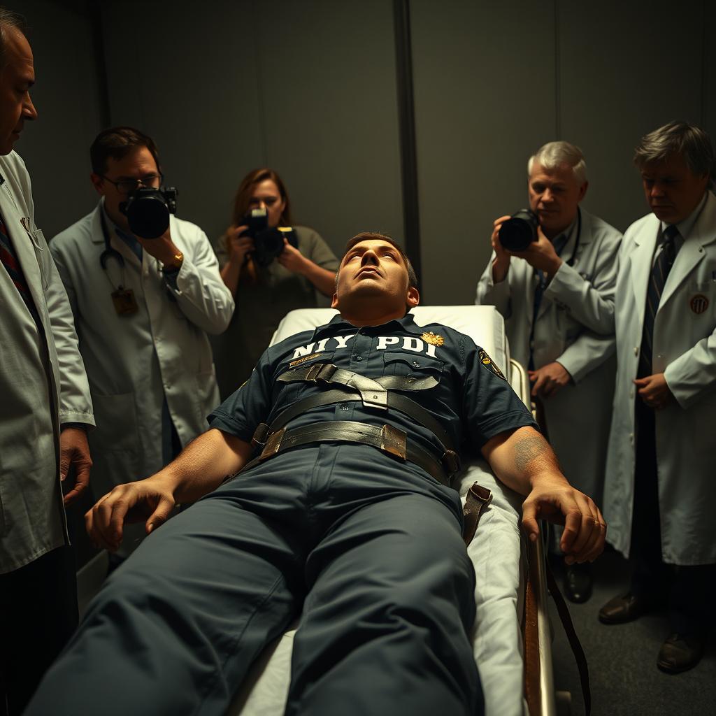 A dramatic and intense scene depicting an execution by lethal injection, where an adult man, dressed in a NYPD police officer uniform, is strapped to a death gurney with leather straps