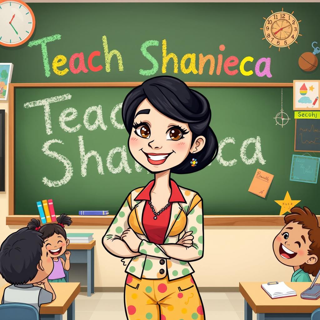 A cartoon-style illustration of a female teacher with black hair and white skin, standing in front of a blackboard where her name 'Teacher Shanieca' is playfully written in colorful chalk