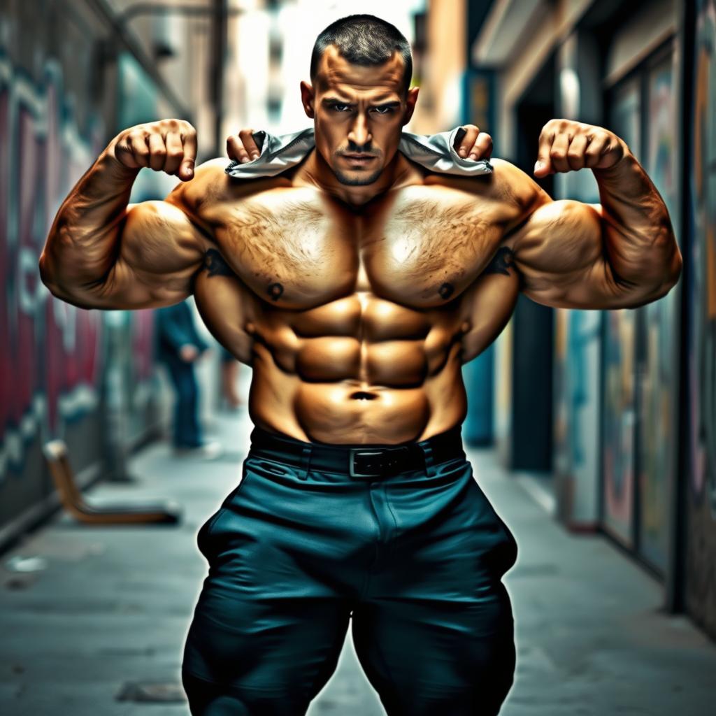 A muscular man with a well-defined physique, showcasing large muscles in a tight-fit outfit