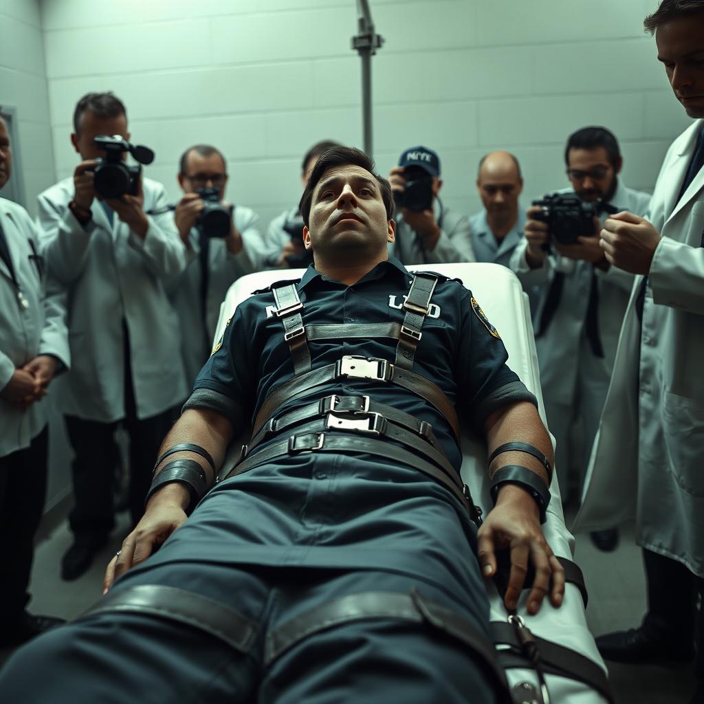 A gripping and intense scene capturing the execution by lethal injection, where an adult man is strapped to a death gurney with leather restraints