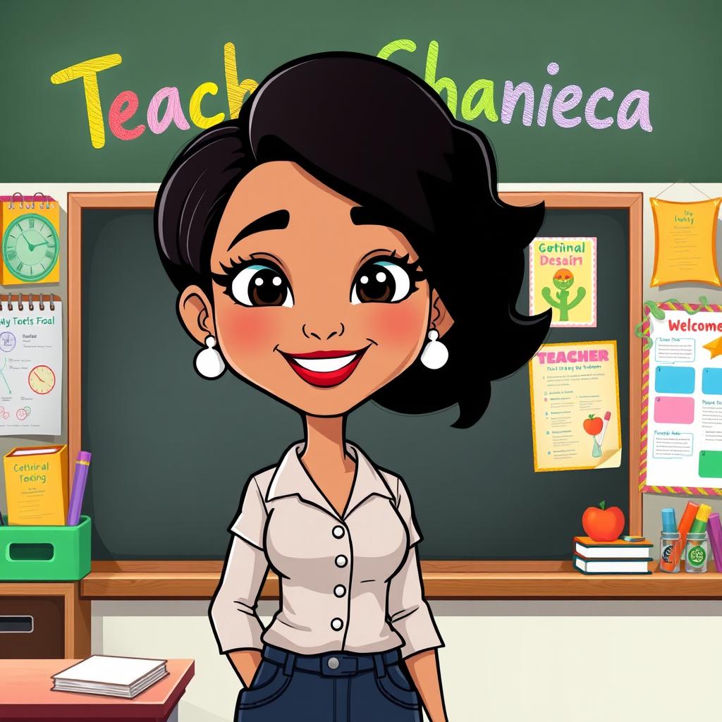 A charming cartoon image of a female teacher with black hair and white skin, standing in front of a blackboard with her name 'Teacher Shanieca' written in bright, colorful chalk