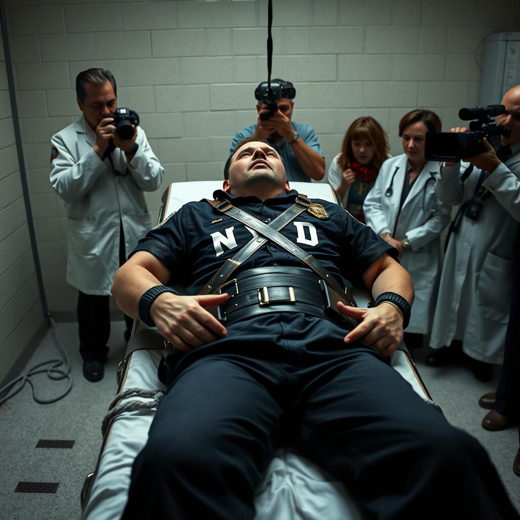 An intense scene portraying an execution by lethal injection, featuring a man strapped to a death gurney with leather restraints