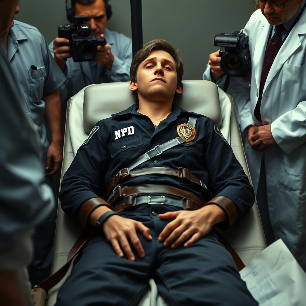 A harrowing scene depicting a young man undergoing execution by lethal injection, strapped to a death gurney with leather restraints
