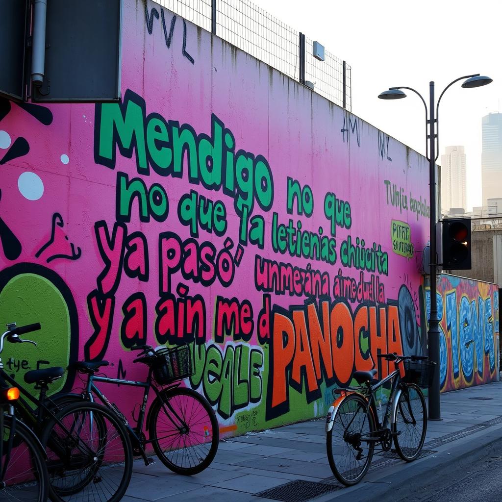 A vibrant and colorful street art scene featuring a large wall covered in graffiti