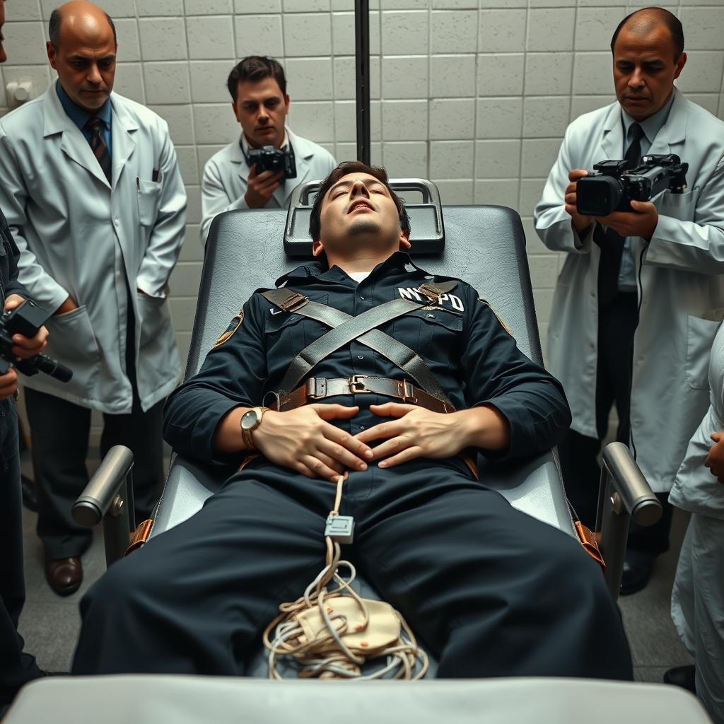 A powerful and emotional scene depicting a young man undergoing execution by lethal injection, strapped to a death gurney with leather restraints