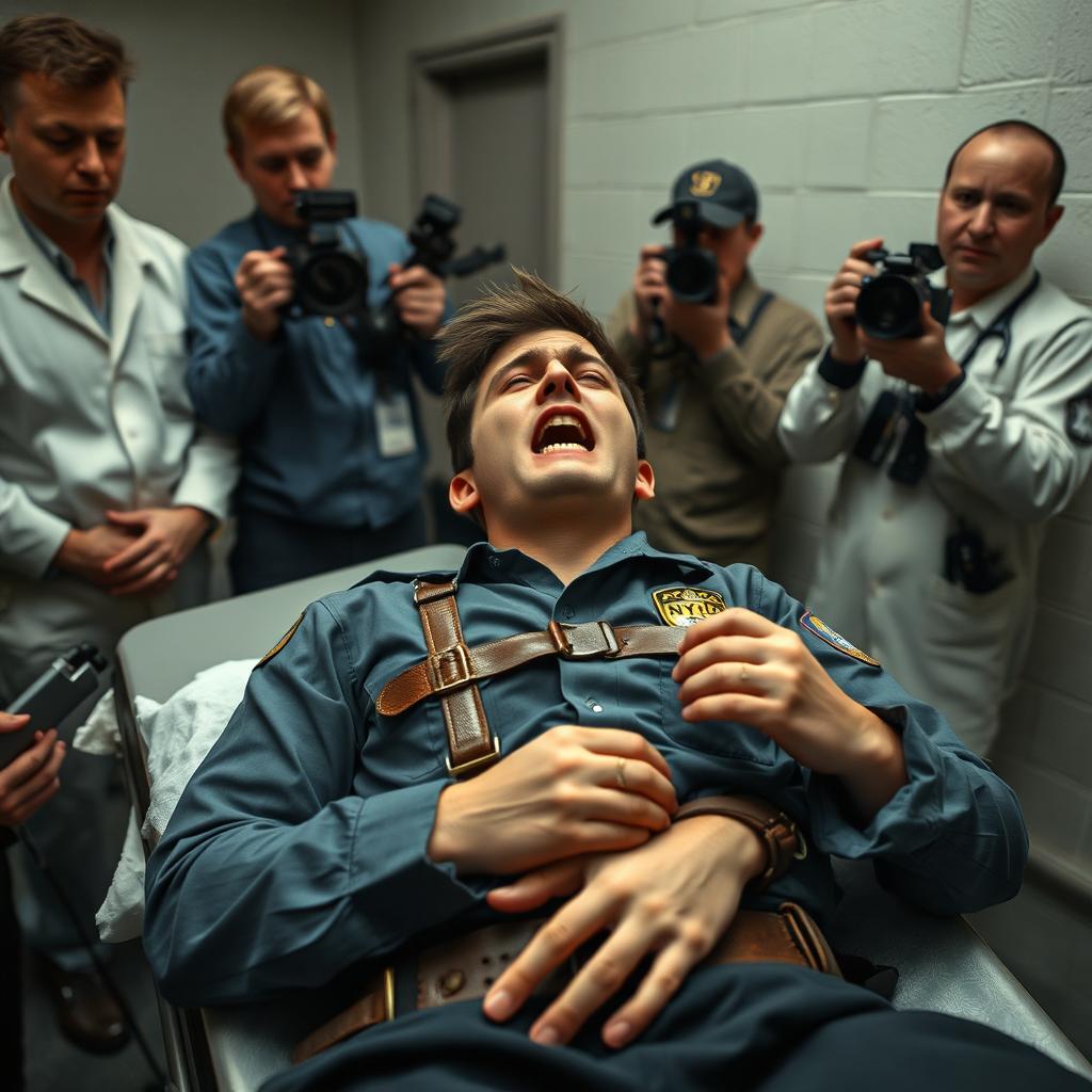 A young man in a desperate struggle for life as he receives a lethal injection, tightly restrained on a gurney with leather straps